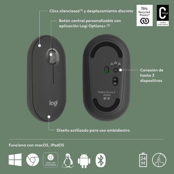 RATON LOGITECH PEBBLE 2 M350S WIRELESS BLACK - Imagen 6